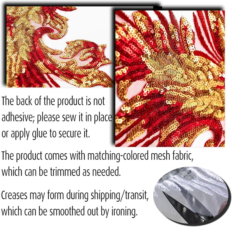 Silvora Pair Embroidery Phoenix Costume Sequin Appliques Patches, Peacock Feather Tail Applique Embellishments for Dance Dresses,Clothes,T-Shirt，Neckline Bodice Pants (Red) - Image 5
